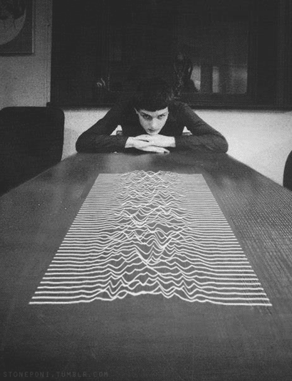 Ian Curtis with an animated Unknown Pleasures cover.