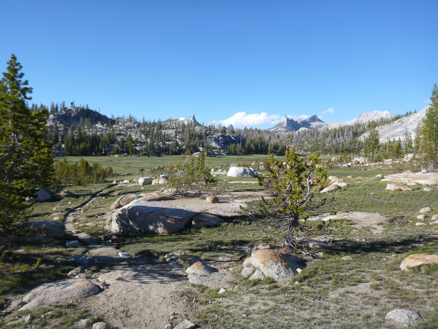 John Muir Trail in Long Meadow. Cathedral Peak in the distance.