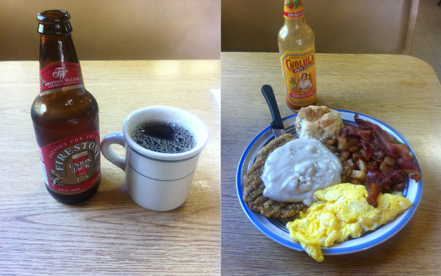 Hiker's breakfast: Beer, coffee, and the Packer's Special at Vermilion Valley Resort.