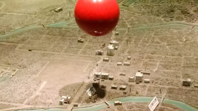 Diorama depicting the atomic bomb exploding over Hiroshima.